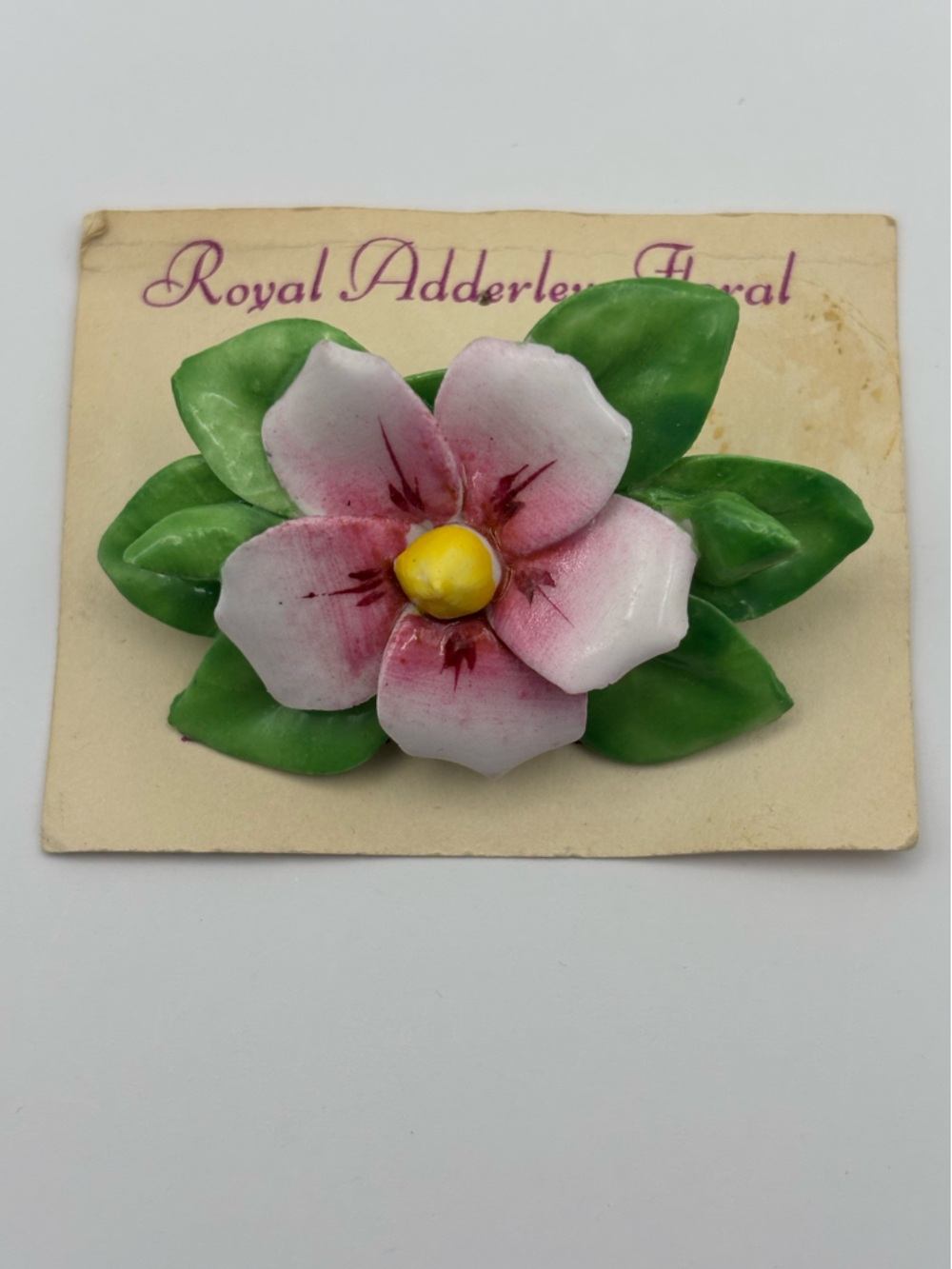 Vintage Royal Adderley Pink Flower Brooch with Green Leaves - Picture 4 of 9